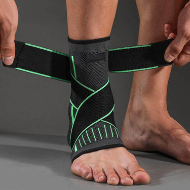 Image of OrthoRelieve's ankle compression sleeve with support straps in green color.